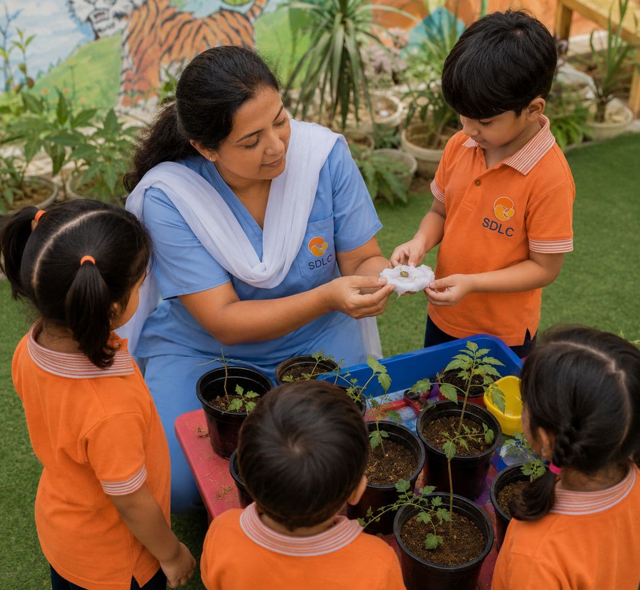 Educator showing a seed to children outdoors at Dr. Sofia's Learning Program